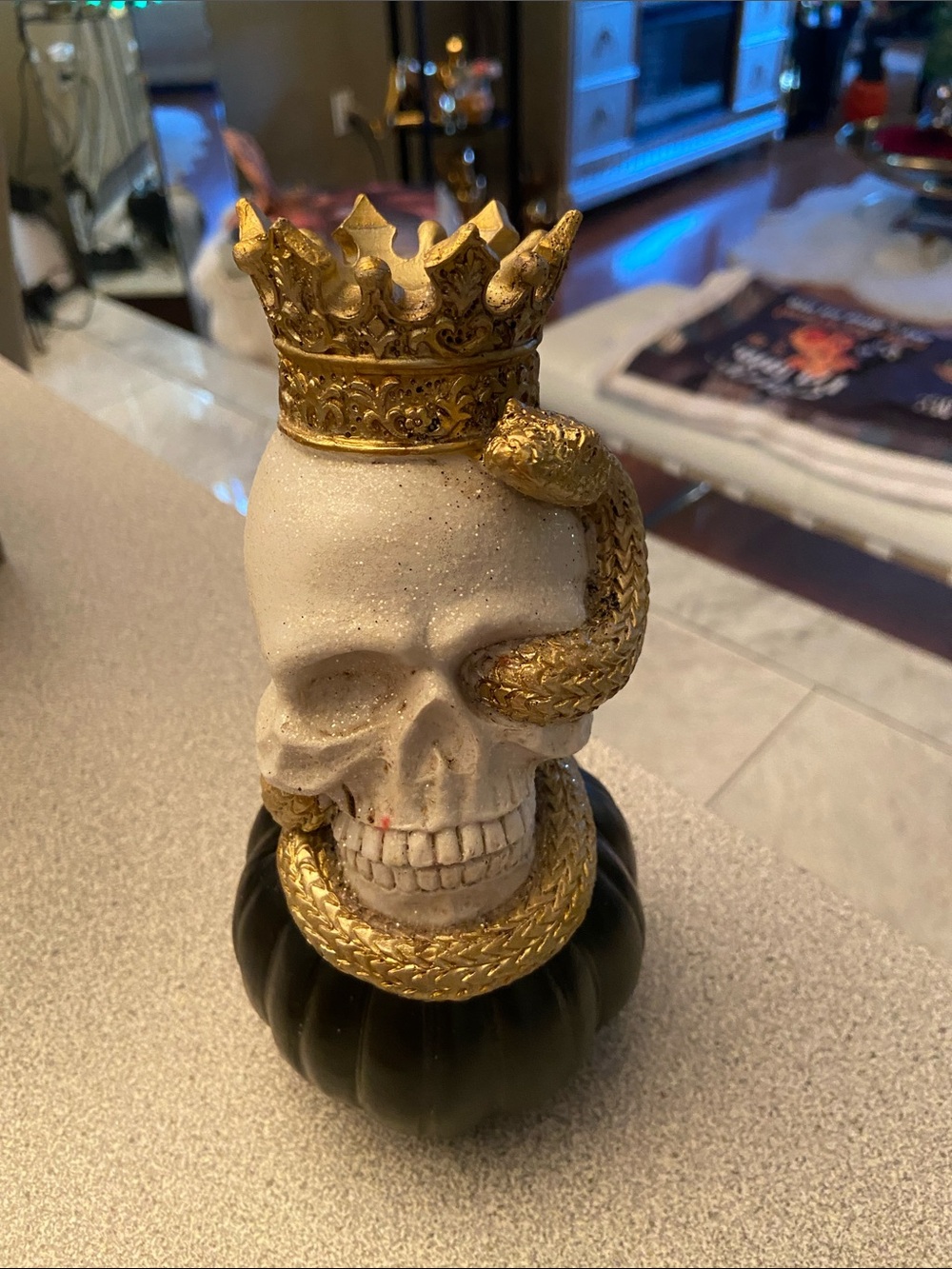 Decorative Gold Crown Skull Accent - White and Black Home Accent